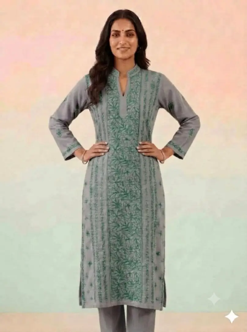 LCF Women's Voil Cotton Long Kurti With Coller -Dark Grey