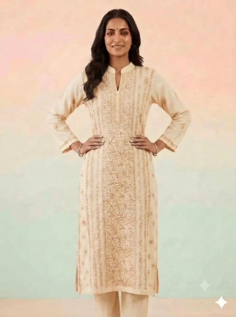 LCF Women's Voil Cotton Long Kurti With Coller -Beige