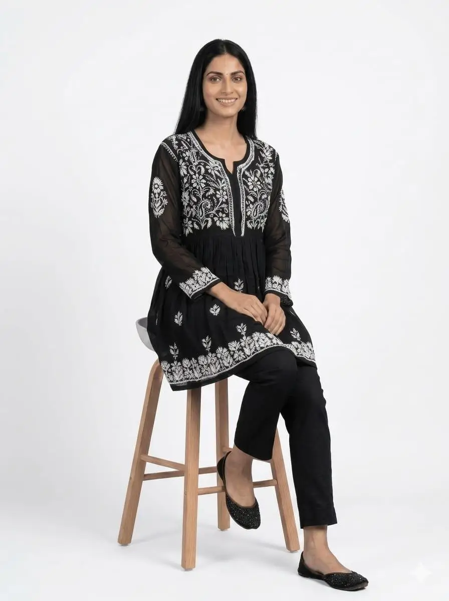 Chikan Embroidered Black Kurta view 2