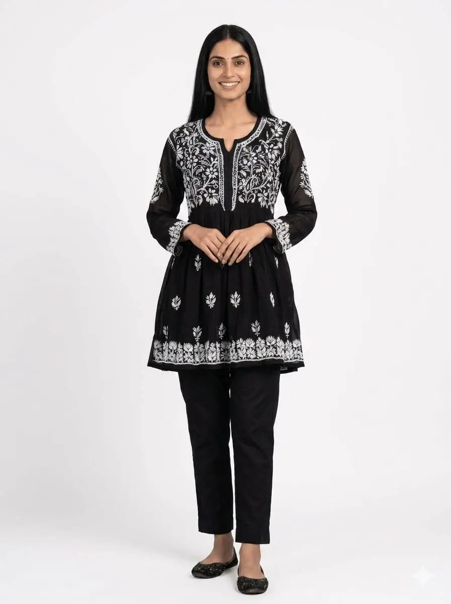 Chikan Embroidered Black Kurta view 3