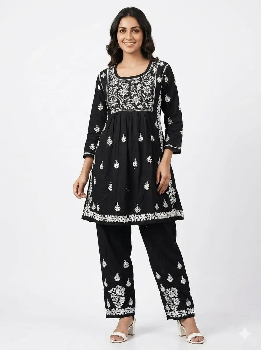 LCF Women's reyon coord-set Ghass Patti Work - Black