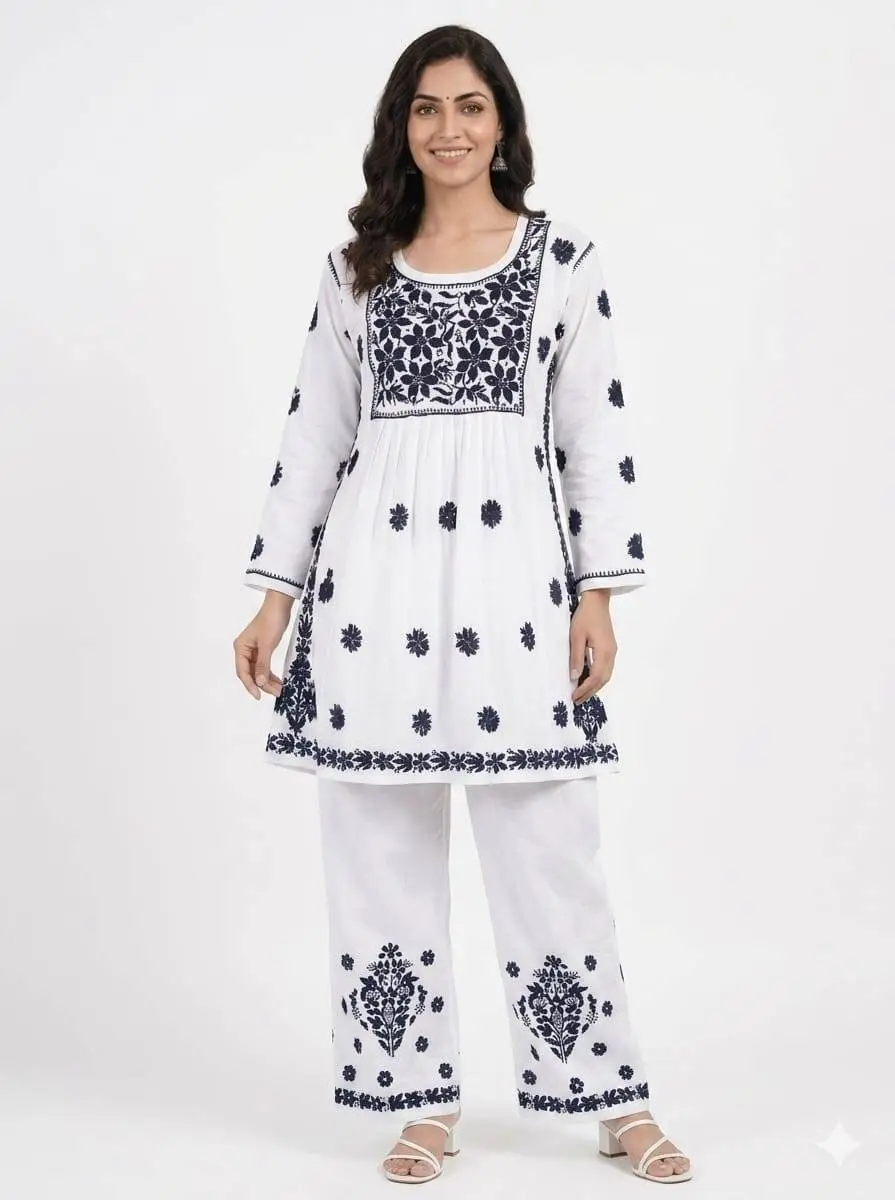 LCF Women's Reyon coord-set Ghass Patti Work - White