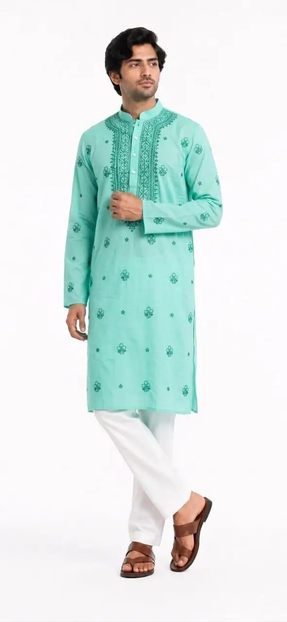 LCF COTTON Mens Chikan Kurta - Sea Green