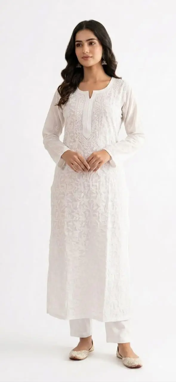 LCF Women's Viscose Long Straight Kurti With Bakhiya Fanda Work - Style 2