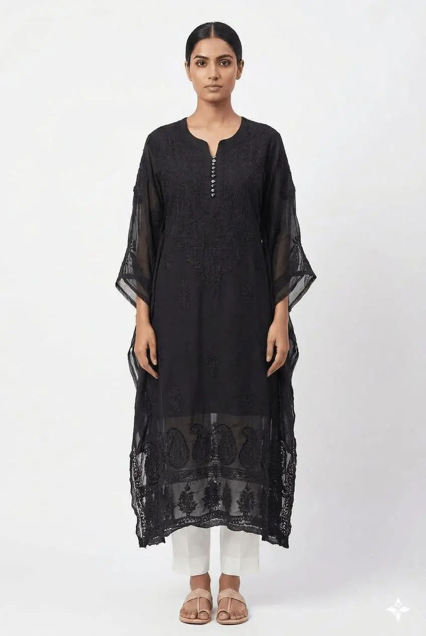 LCF CHIKAN HAND EMBROIDERED KURTI BLACK