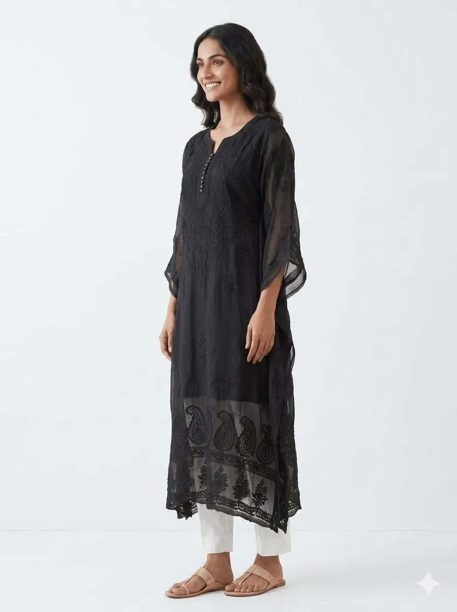 LCF CHIKAN HAND EMBROIDERED KURTI BLACK view 3