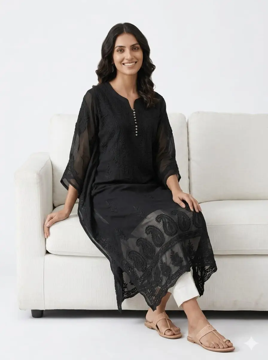LCF CHIKAN HAND EMBROIDERED KURTI BLACK view 4