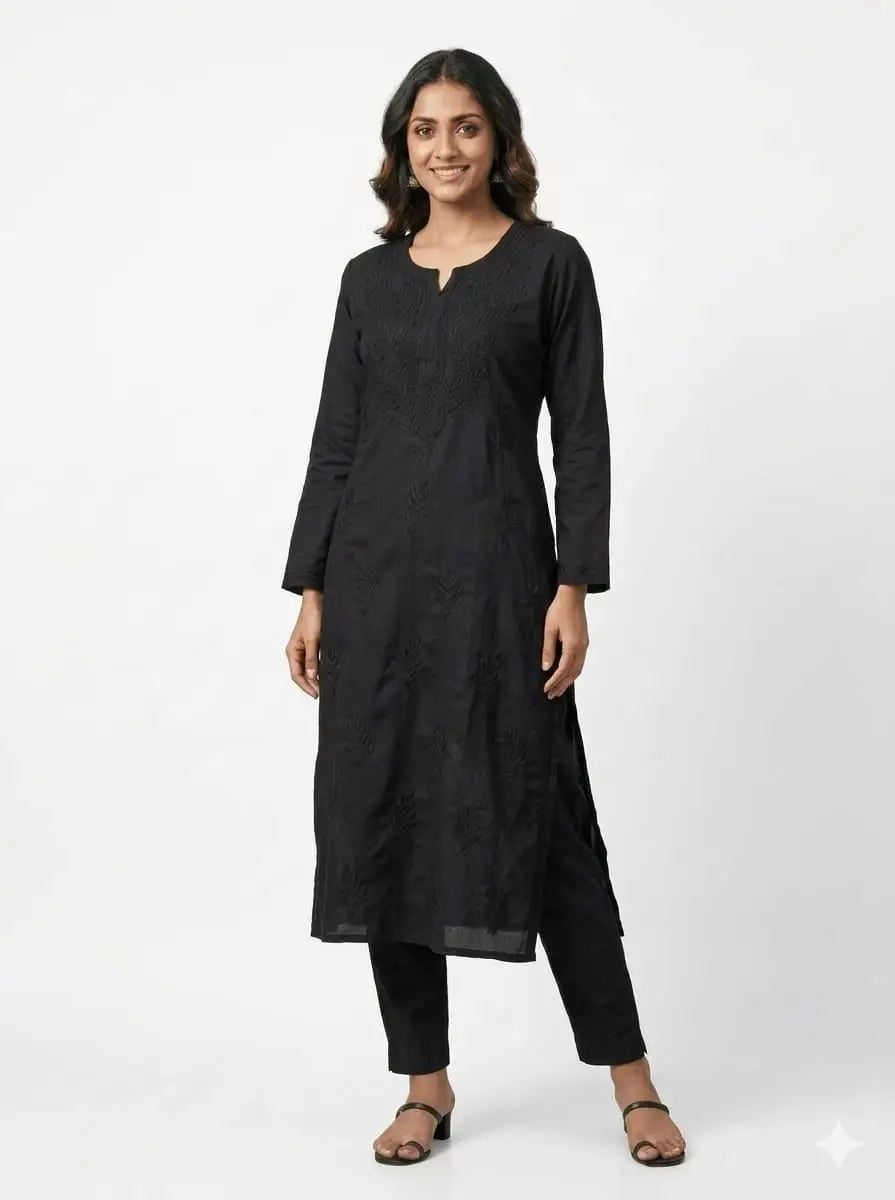 LCF CHIKAN EMBROIDERED KURTI - BLACK