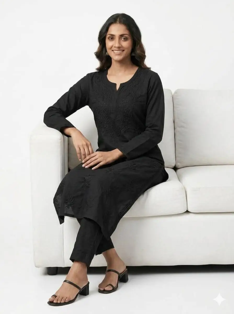 LCF CHIKAN EMBROIDERED KURTI - BLACK view 4