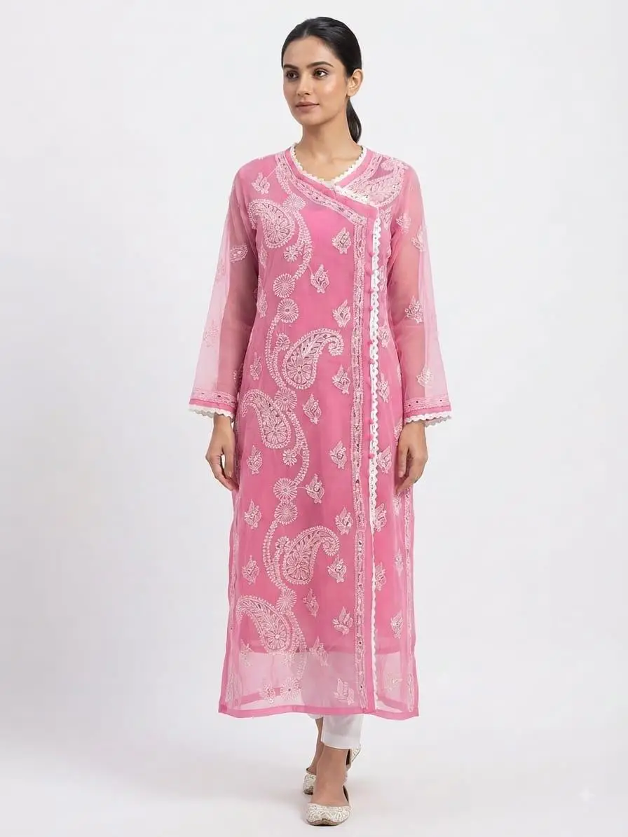 LCF Chikan Embroidered MIRROR WORK ANGRAKHA - PINK