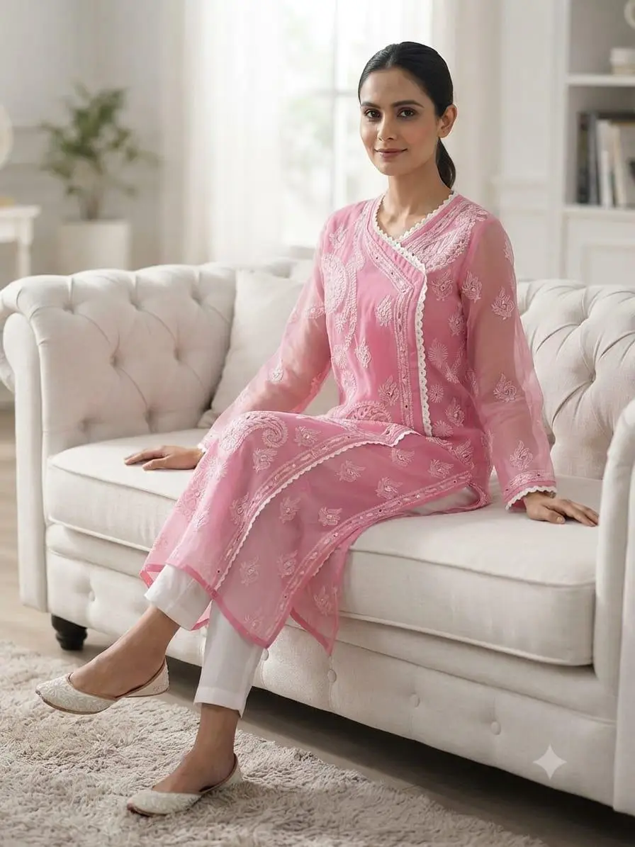 LCF Chikan Embroidered MIRROR WORK ANGRAKHA - PINK view 3