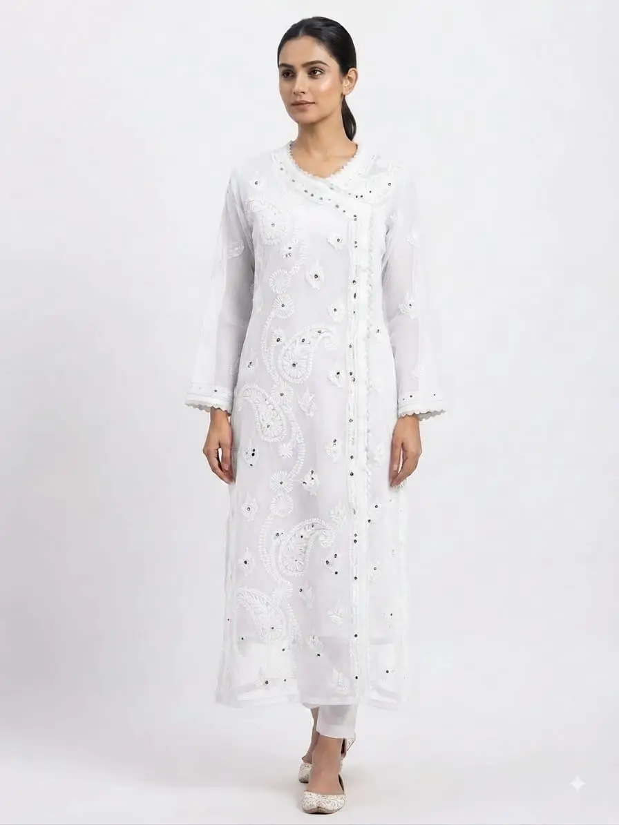 LCF Chikan Embroidered MIRROR WORK ANGRAKHA - WHITE