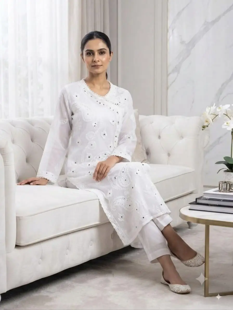 LCF Chikan Embroidered MIRROR WORK ANGRAKHA - WHITE view 3