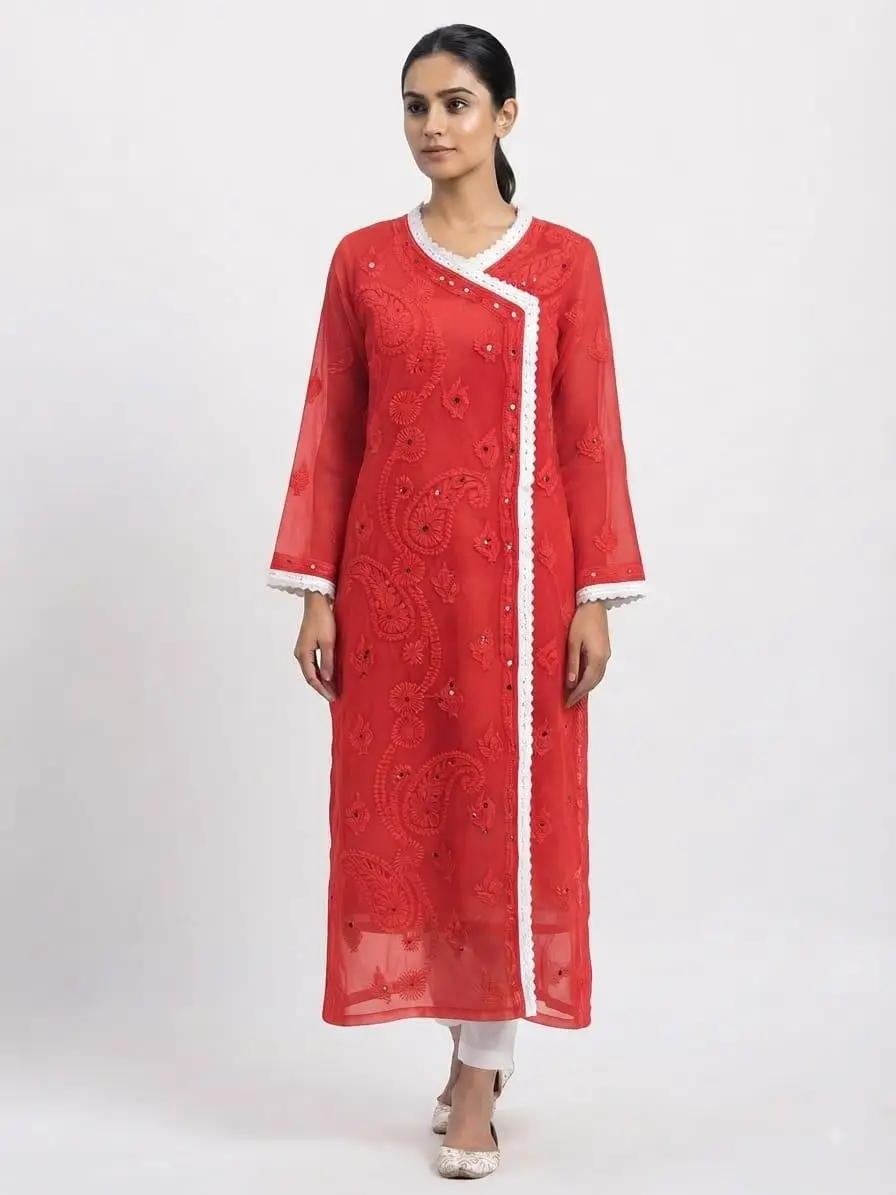 LCF Chikan Embroidered MIRROR WORK ANGRAKHA - RED
