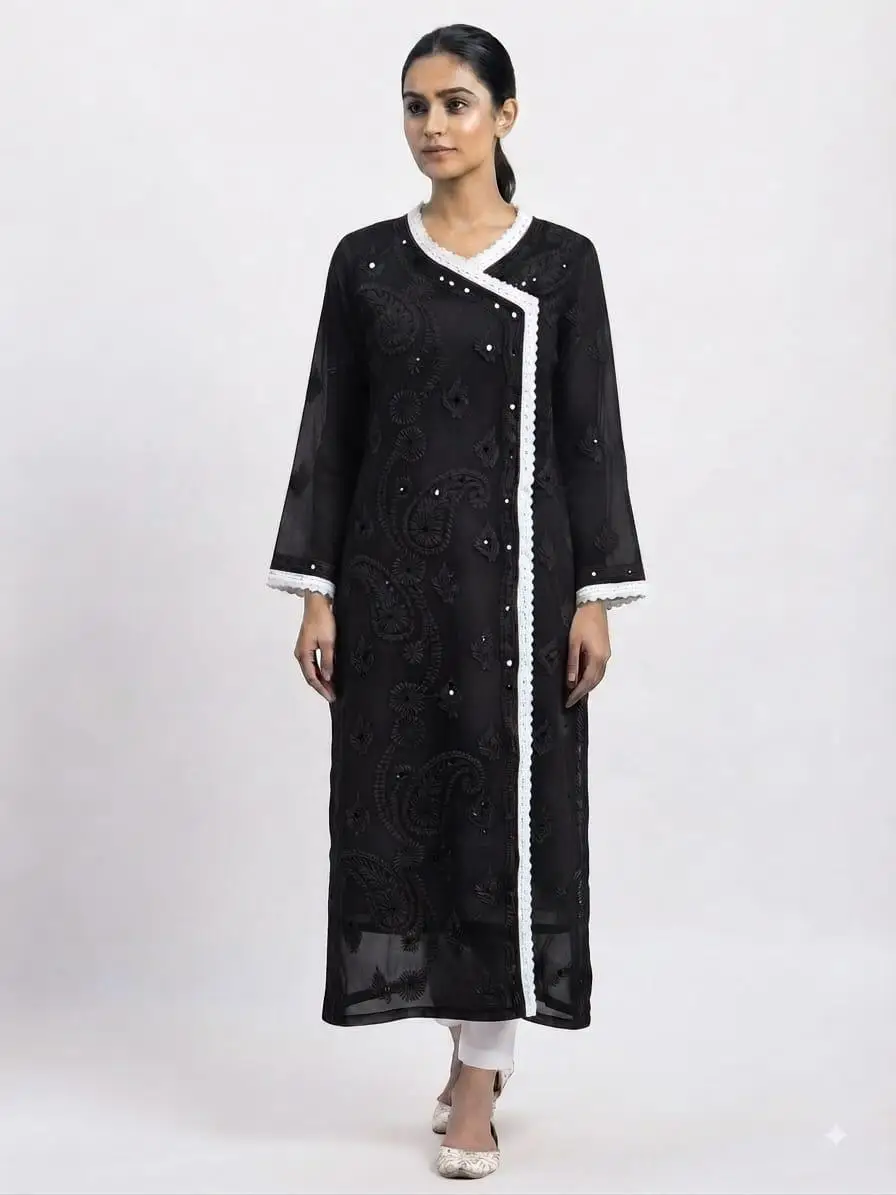 LCF Chikan Embroidered MIRROR WORK ANGRAKHA - BLACK