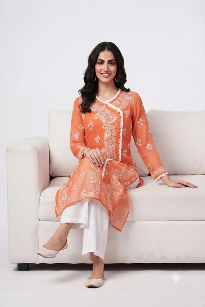 LCF Chikan Embroidered MIRROR WORK ANGRAKHA - ORANGRE
