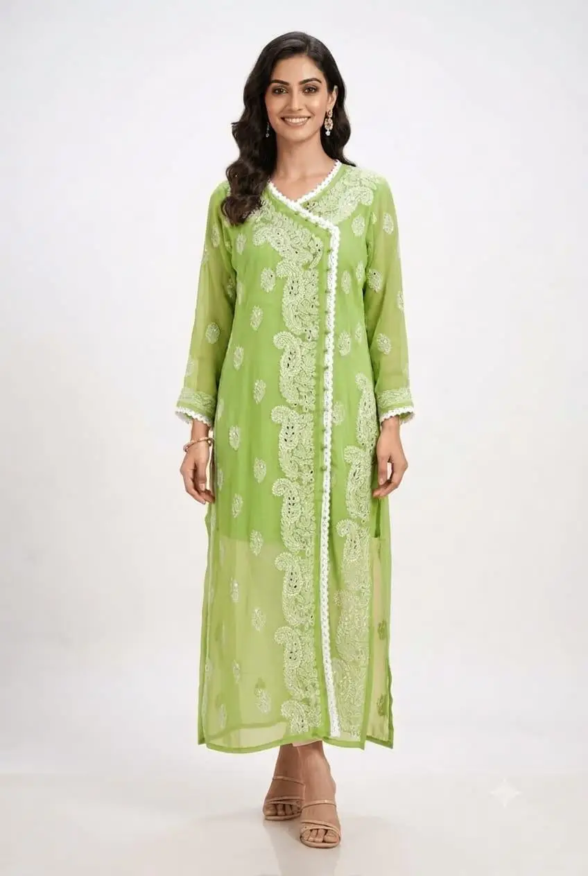 LCF Chikan Embroidered MIRROR WORK ANGRAKHA - GREEN