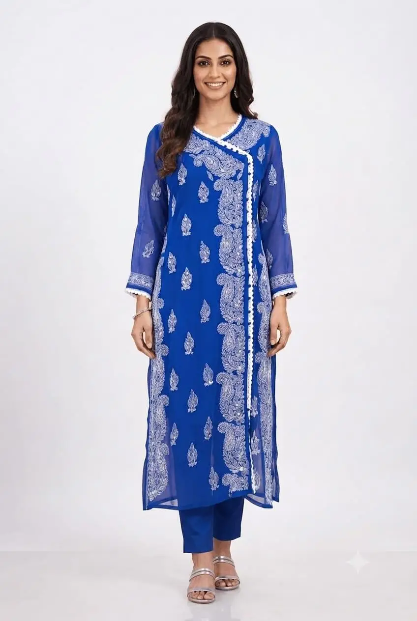 LCF Chikan Embroidered MIRROR WORK ANGRAKHA - ROYAL BLUE