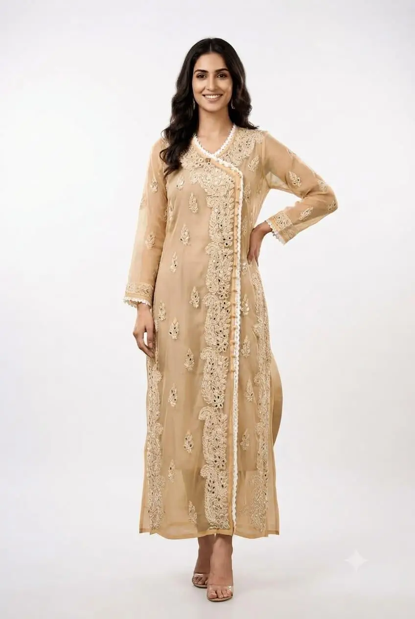LCF Chikan Embroidered MIRROR WORK ANGRAKHA - BEIGE