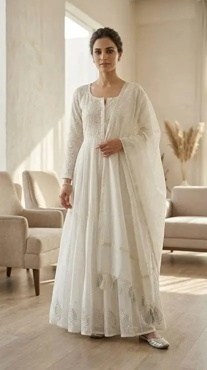 LCF CHIKAN EMBROIDERED MAL CHANDERI GOWN -WHITE