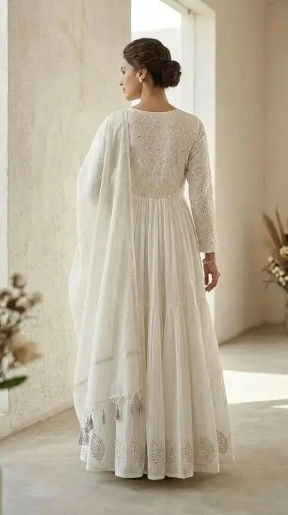 LCF CHIKAN EMBROIDERED MAL CHANDERI GOWN -WHITE view 2