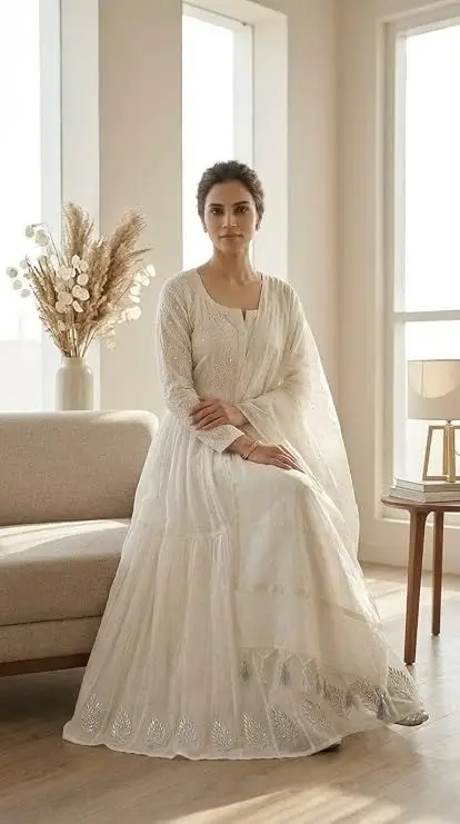 LCF CHIKAN EMBROIDERED MAL CHANDERI GOWN -WHITE view 3