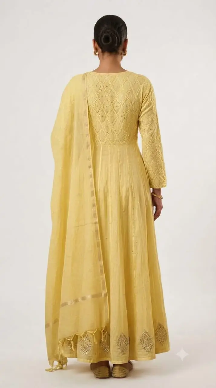 LCF CHIKAN MAL EMBROIDERED MAL CHANDERI GOWN - YELLOW view 2