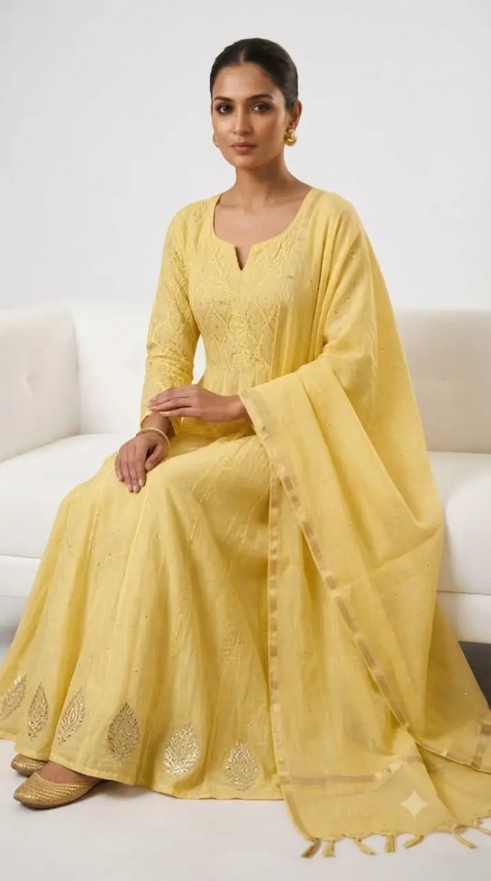 LCF CHIKAN MAL EMBROIDERED MAL CHANDERI GOWN - YELLOW view 3