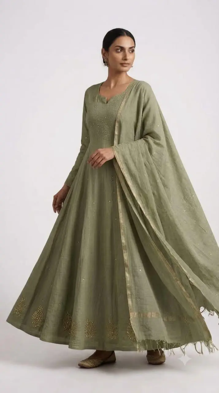 LCF CHIKAN EMBROIDERED MAL CHANDERI GOWN -GREEN