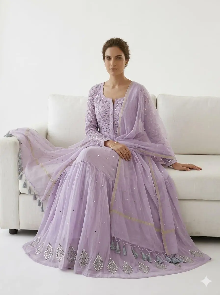 LCF CHIKAN EMBROIDERED MAL CHANDERI GOWN -LAVENDER