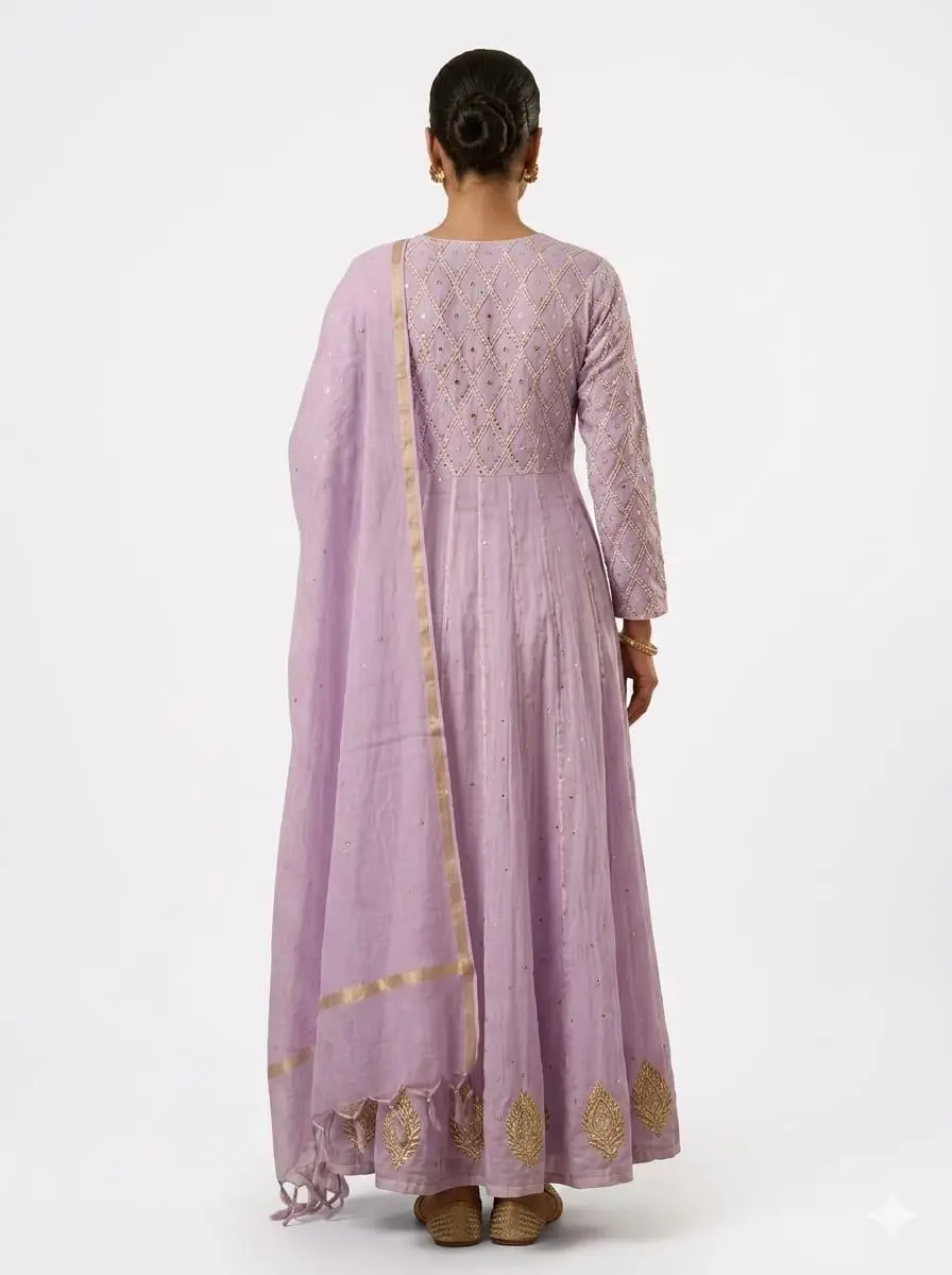 LCF CHIKAN  EMBROIDERED MAL CHANDERI GOWN -LAVENDER view 2