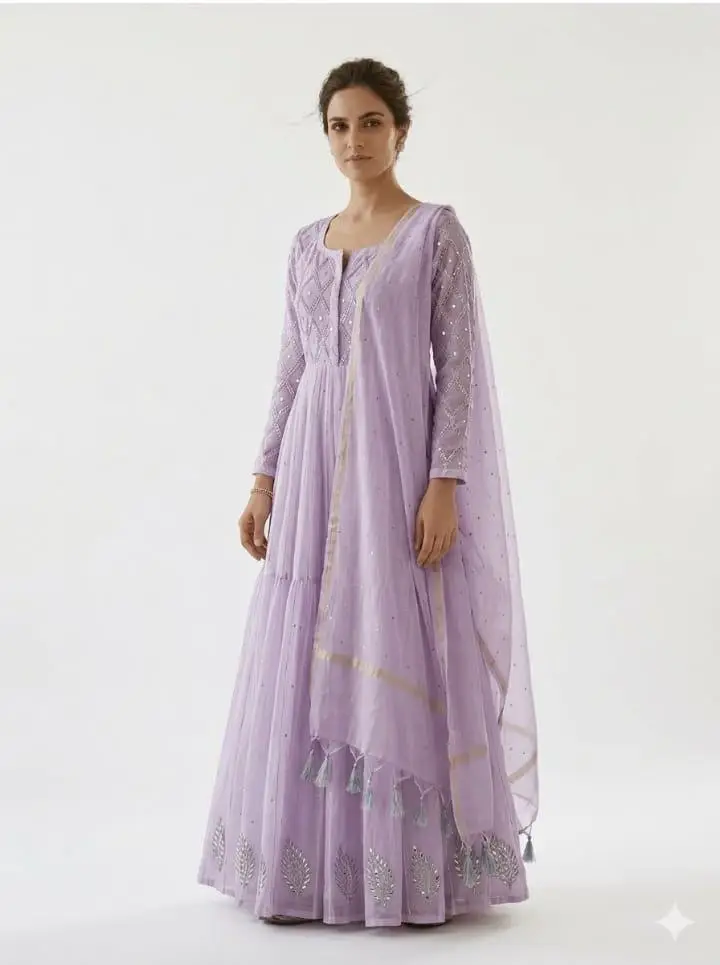 LCF CHIKAN  EMBROIDERED MAL CHANDERI GOWN -LAVENDER view 3