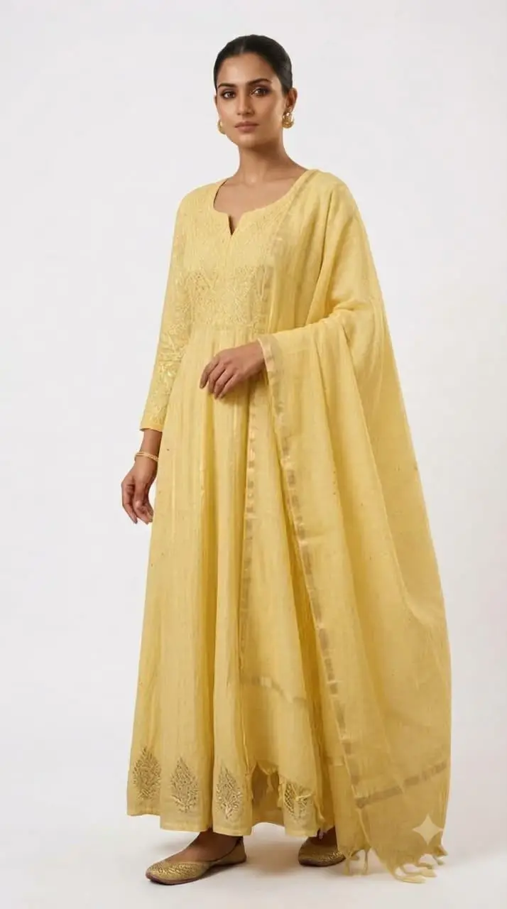 LCF CHIKAN EMBROIDERED MAL CHANDERI GOWN -YELLOW