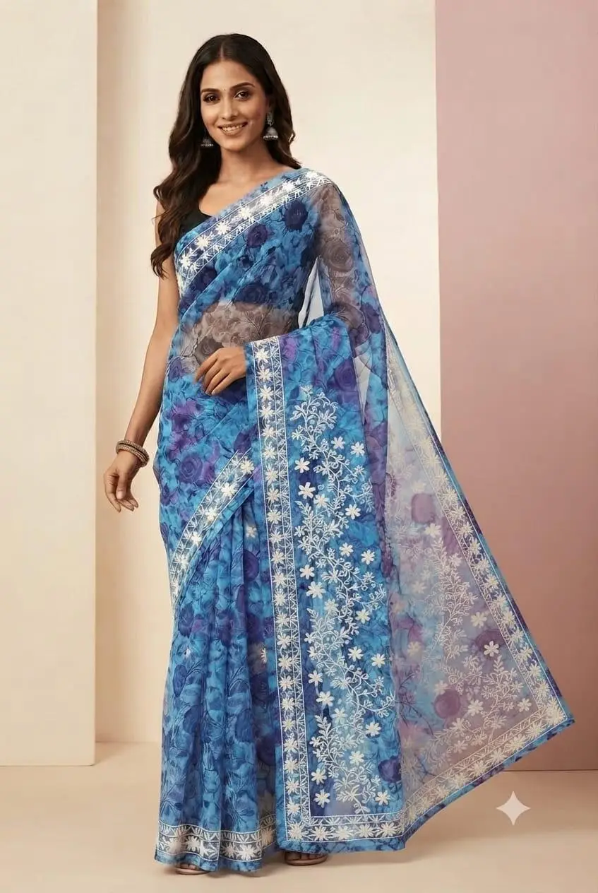 LCF CHIKAN ORGANZA SAREE - BLUE