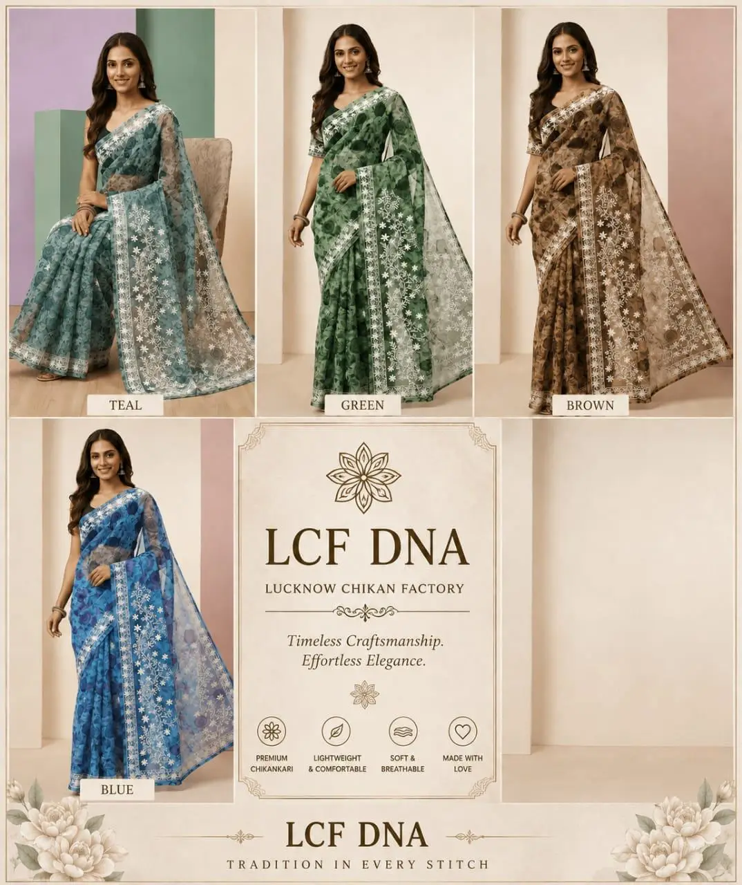LCF CHIKAN ORGANZA SAREE - BLUE view 2