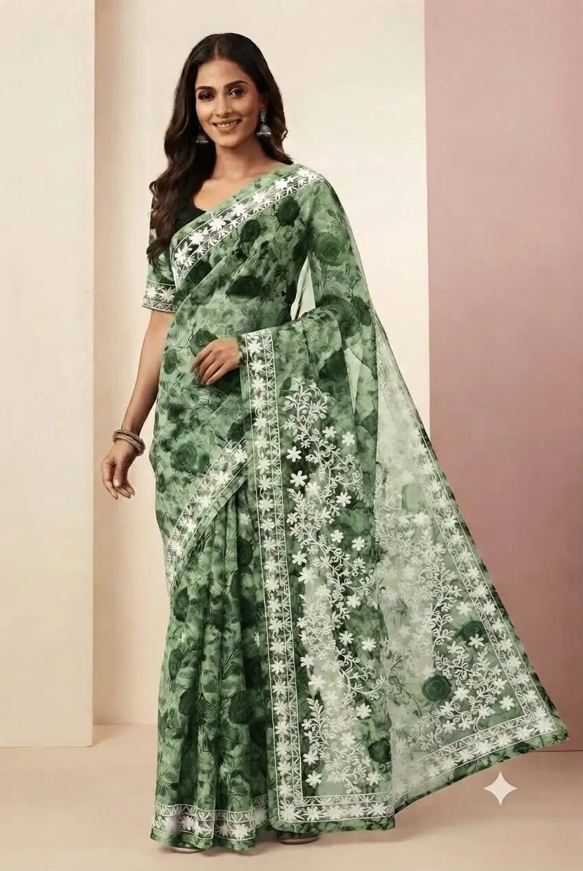LCF CHIKAN ORGANZA SAREE - GREEN