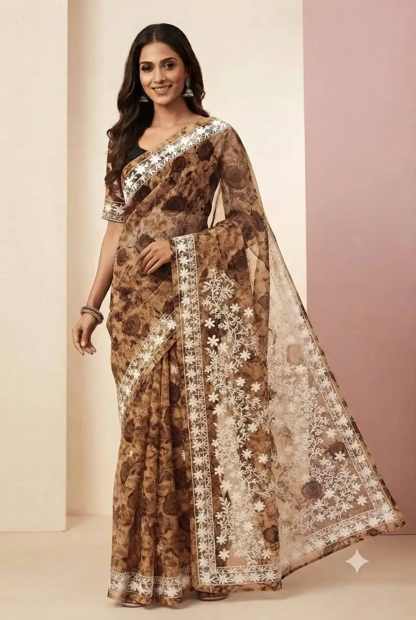 LCF CHIKAN ORGANZA SAREE - BROWN