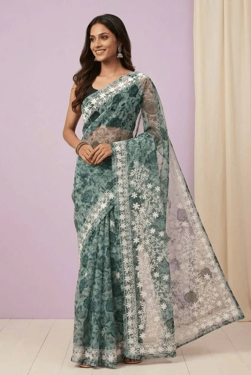 LCF CHIKAN ORGANZA SAREE- RAMA GREEN