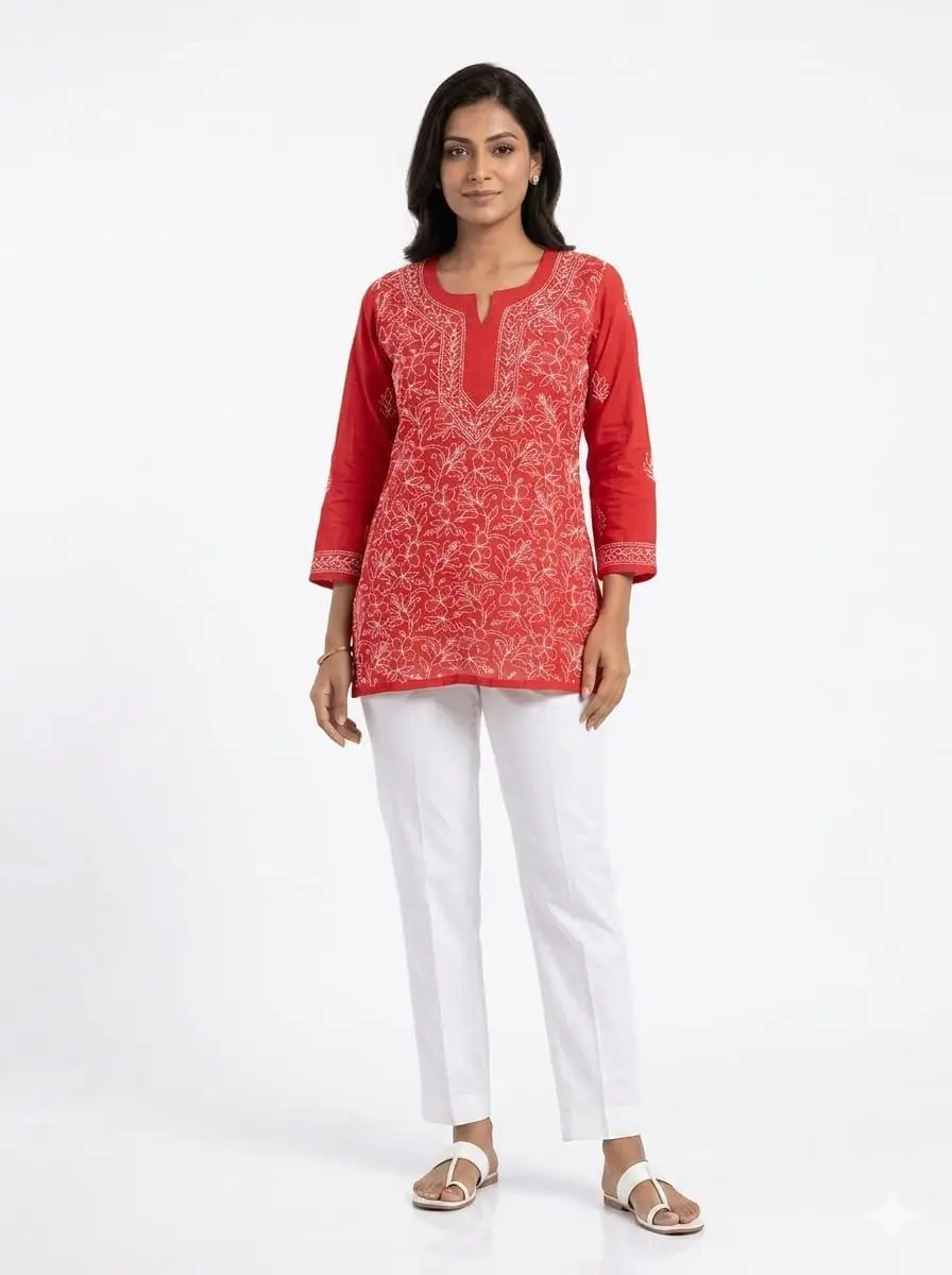 LCF Women's chikan Short Kurti With Fanda Bhakiya Work - Red