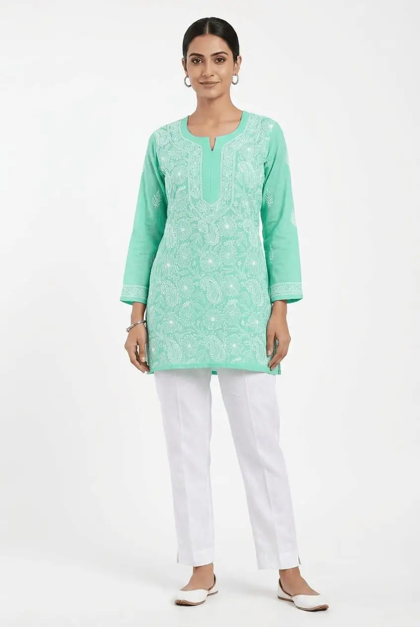 LCF Women's chikan Short Kurti With Fanda Bhakiya Work - Mint Green