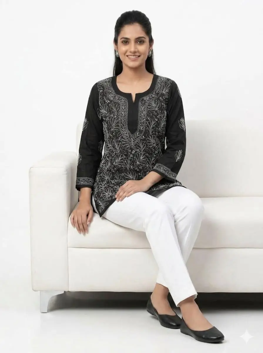LCF Women's chikan Short Kurti With Fanda Bhakiya Work - Black