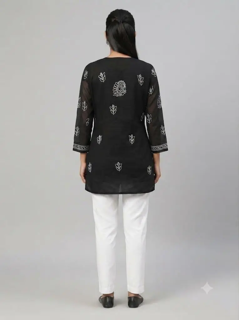 LCF Women's chikan Short Kurti With Fanda Bhakiya Work - Black view 2