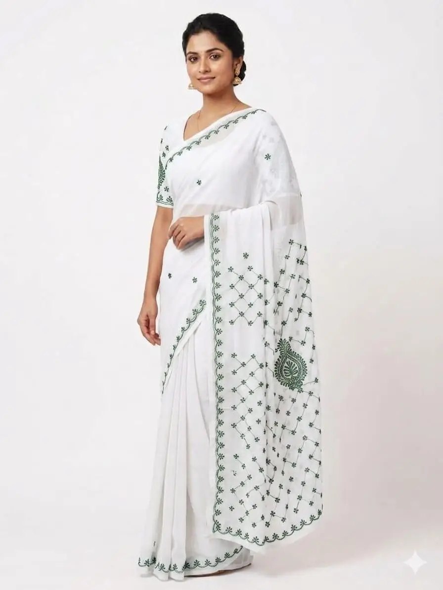LCF Chikan Colour Thread Embroidered Saree - WHITE