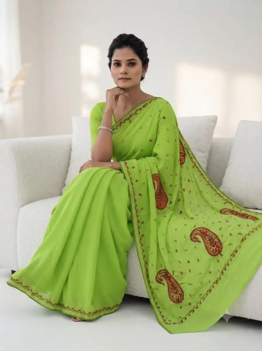 LCF Chikan Colour Thread Embroidered Saree - parrot green