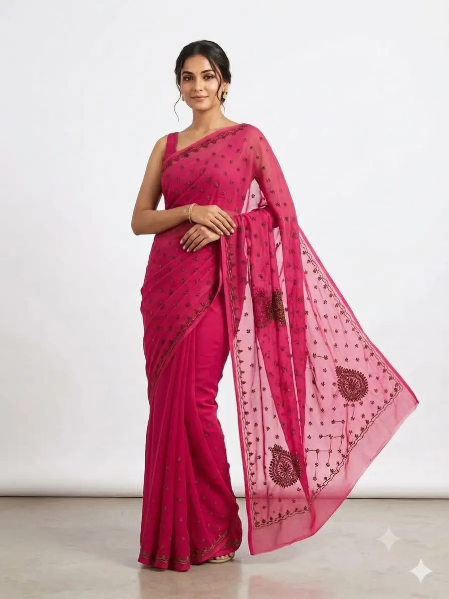LCF Chikan Colour Thread Embroidered Saree - RANI PINK