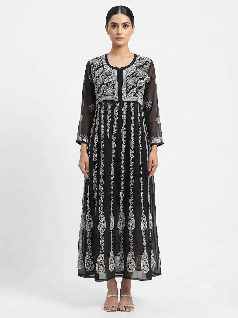 LCF Chiffon Hand Embroidered Chikan Anarkali - Black