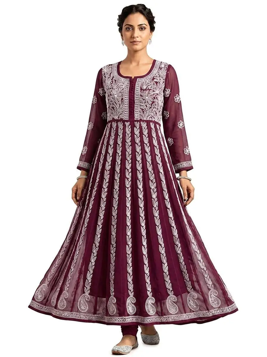 LCF Chiffon Hand Embroidered Chikan Anarkali - Wine