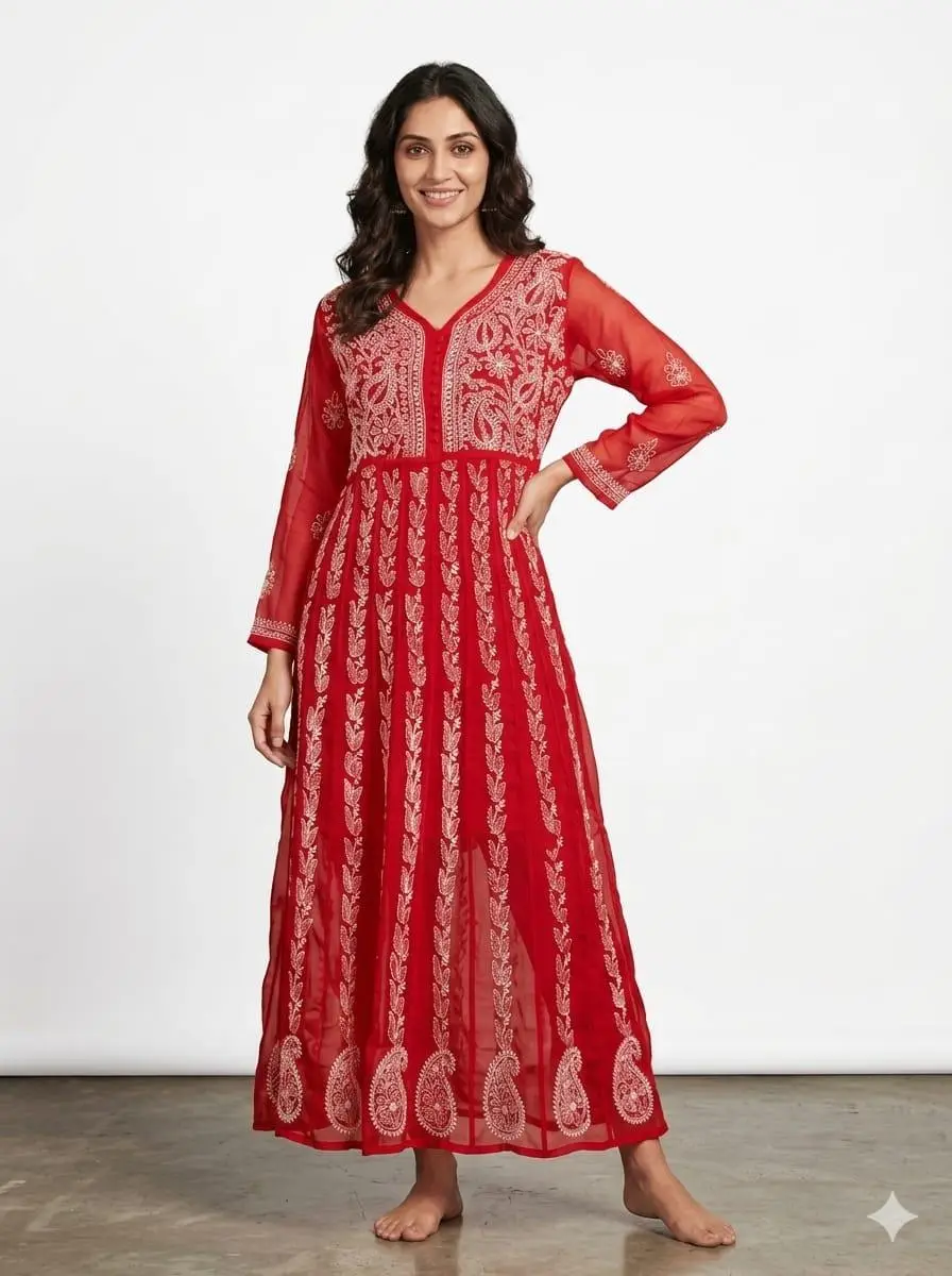 LCF Chiffon Hand Embroidered Chikan Anarkali - Red
