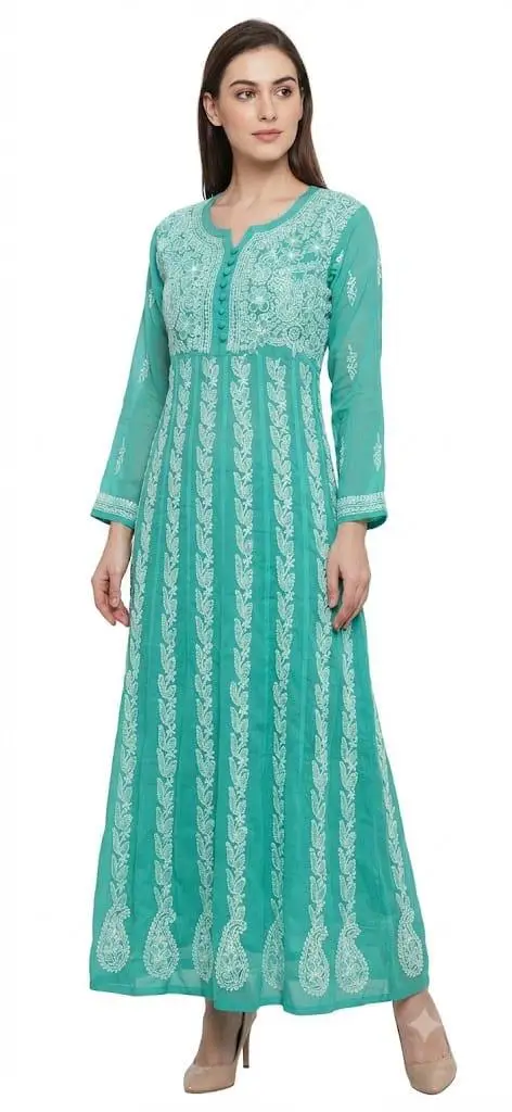 LCF Chiffon Hand Embroidered Chikan Anarkali - Mint