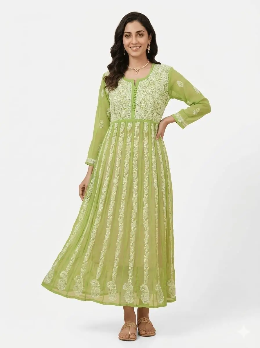 LCF Chiffon Hand Embroidered Chikan Anarkali - Pista Green